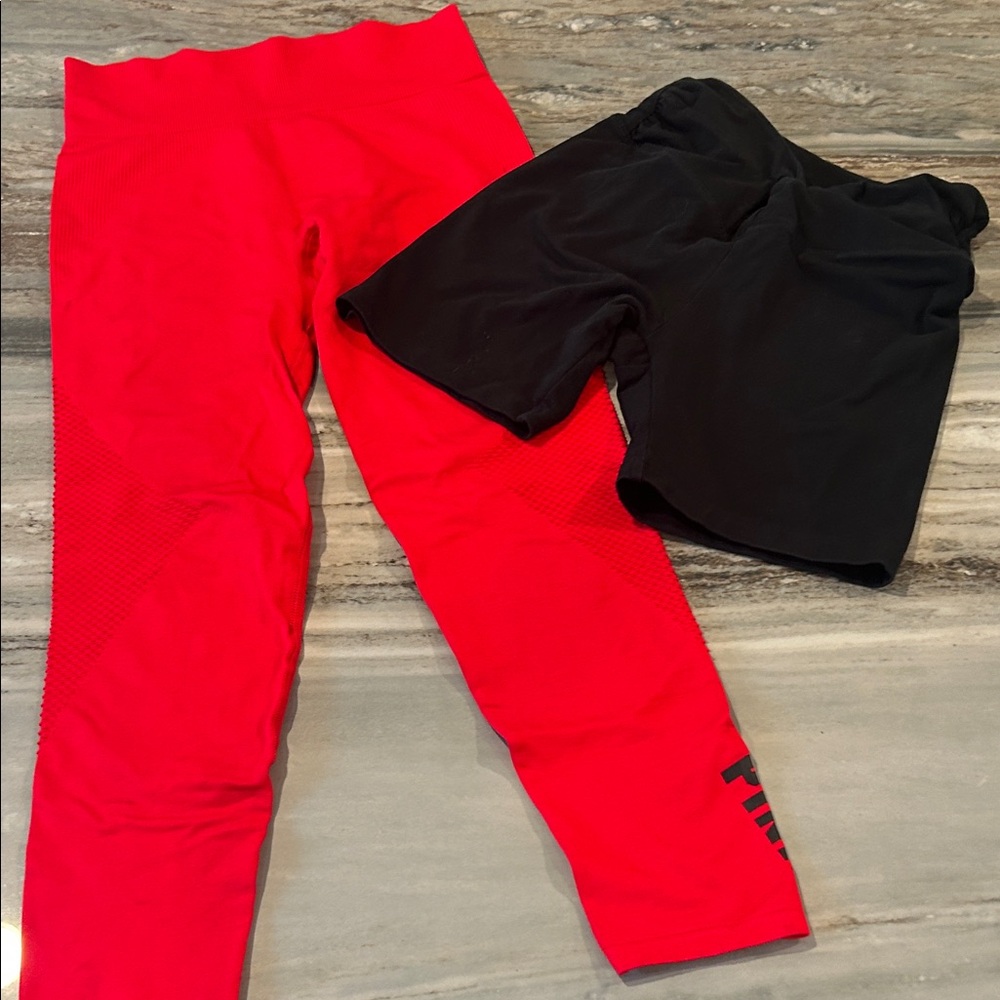 PINK Victoria's Secret M sexy NWOT laser cut Red Leggings & black shorts sz S
